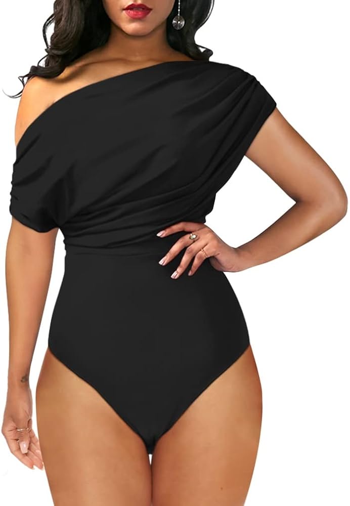 YMDUCH Women's Sexy Off Shoulder Sleeveless Bodycon One Piece Bodysuit Top