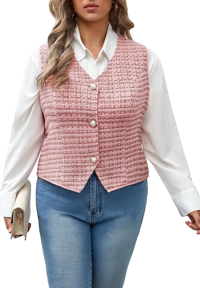 WDIRARA Women's Plus Size Plaid Print Tweed Waistcoat Button Front Sleeveless Vest Blazer Jackets