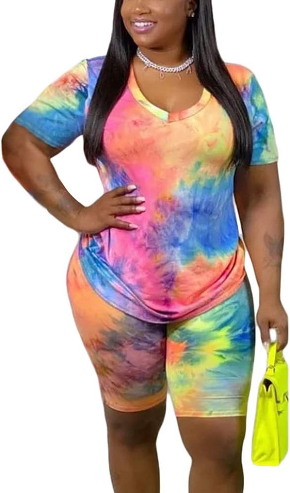 WUSENST Women Plus Size Summer 2 Pieces Short Set Casual Outfit Tracksuit T-Shirt Bodycon Short Pants Set