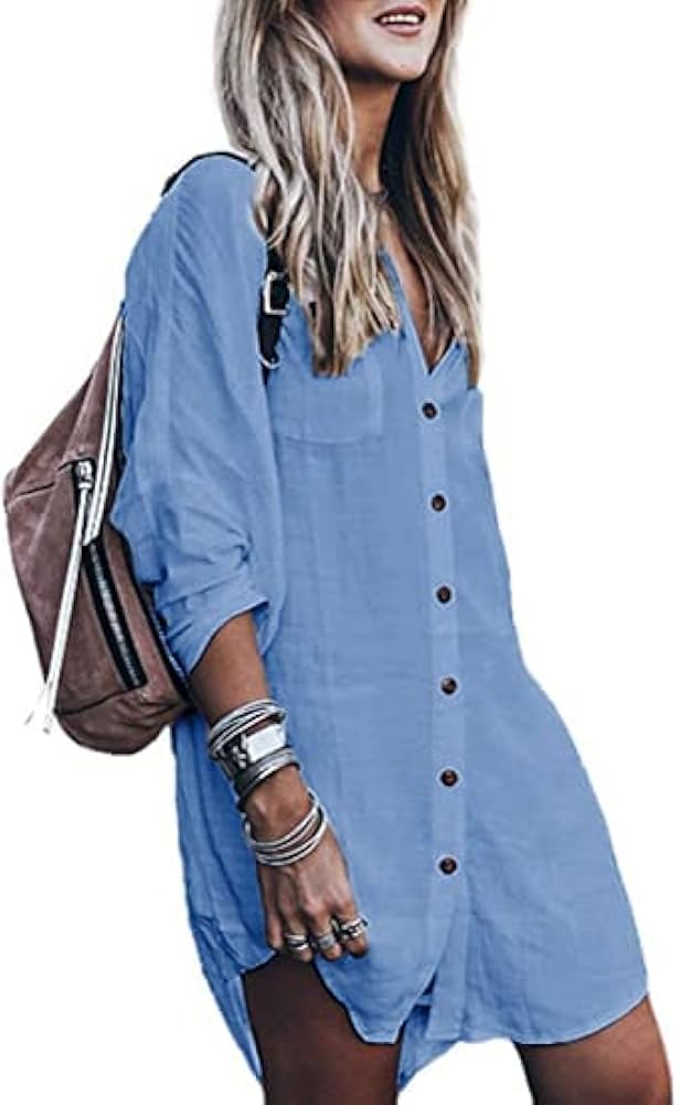 Loose Long Sleeve Swimsuit Cover Ups for Women Button Down Sleep Shirt Dress Beach Cover Up (Blue-L)