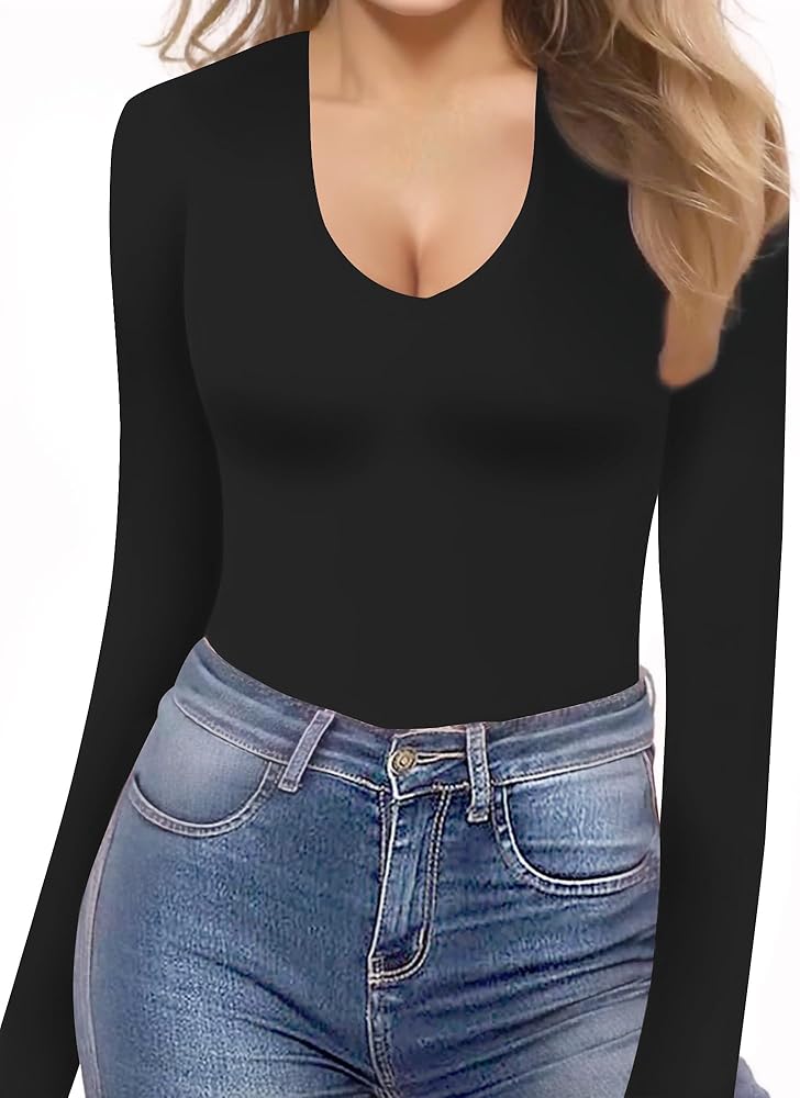 MANGOPOP Double Lined Bodysuits for Women Long Sleeve V Neck Trendy Body Suit Shirt Tops for Going Out