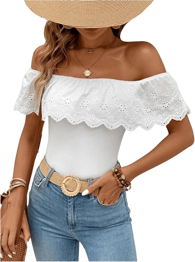 MakeMeChic Women's Off Shoulder Ruffle Trim Eyelet Embroidered Strapless Tube Top Bodysuit