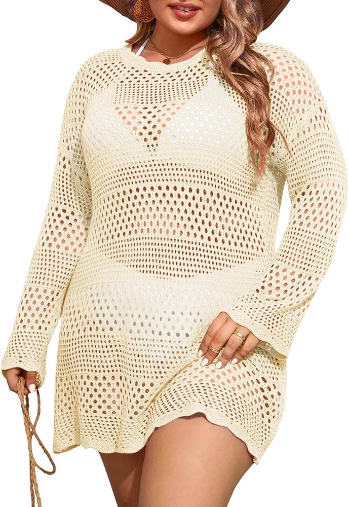 Beautife Womens Plus Size Swimsuit Cover Up Crochet Long Sleeve Mesh Knit Crew Neck Beach Coverup Dress