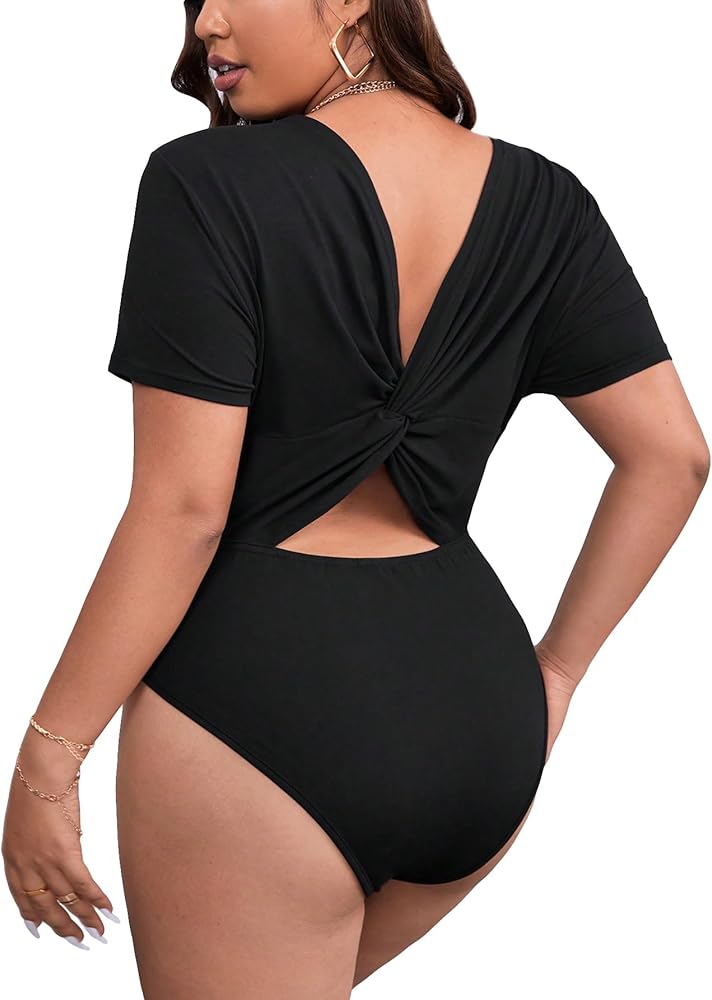 GORGLITTER Women's Plus Size Short Sleeve Cut Out Bodysuit Twist Back Crew Neck Leotard Top