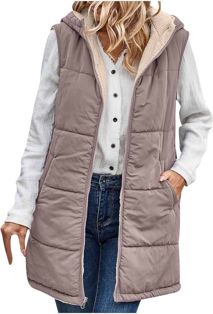 Long Hooded Reversible Vest for Women Zipper Plush Pockets Jacket Coat Casual Fashion Fall Winter Cotton Thick Waistcoat