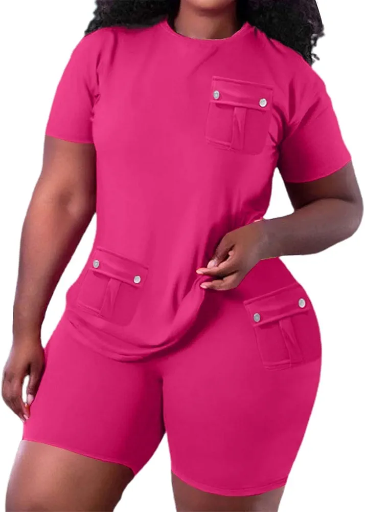 2 Piece Outfits for Women Shorts Sports Workout Sets Plus Size Solid Color Short Sleeve Top and Shorts (Hot Pink, XXL)