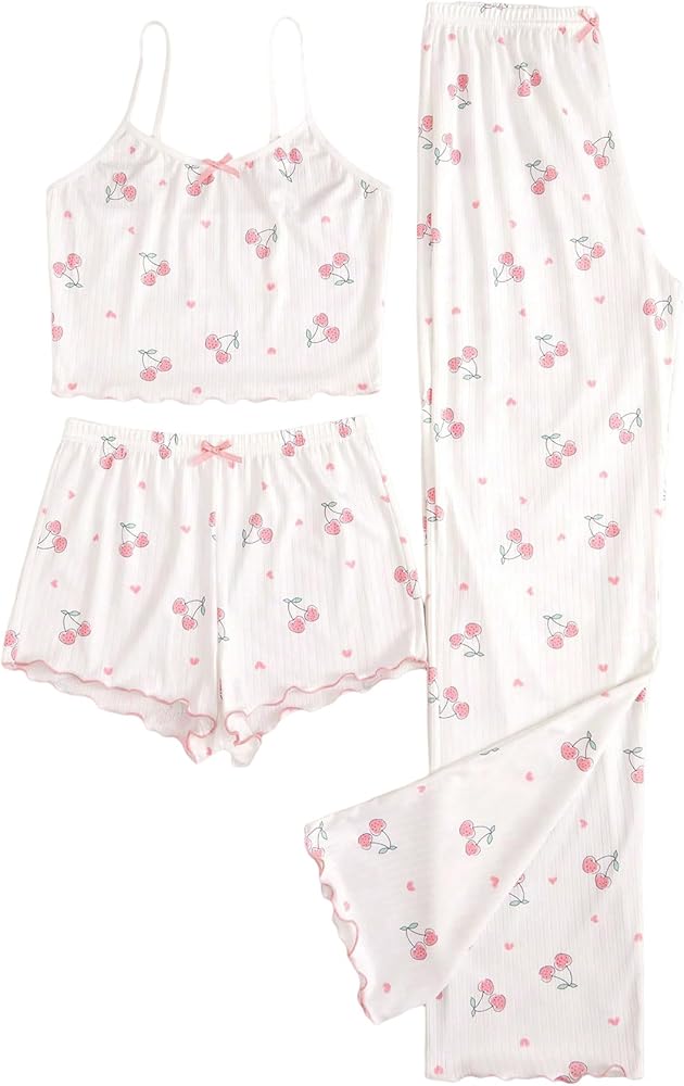 WDIRARA Women's 3 Piece Pajama Set Cherry Print Lettuce Trim Cami Top with Shorts and Pants Set Sleepwear