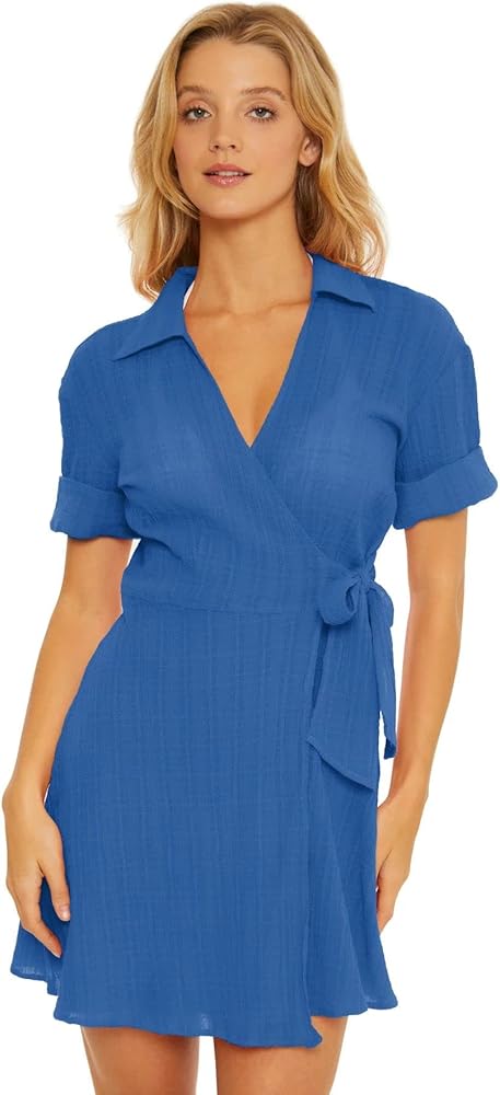 Becca by Rebecca Virtue Women's Standard Playa Shirt Dress, Casual, Beach Cover Ups, Blue Jay