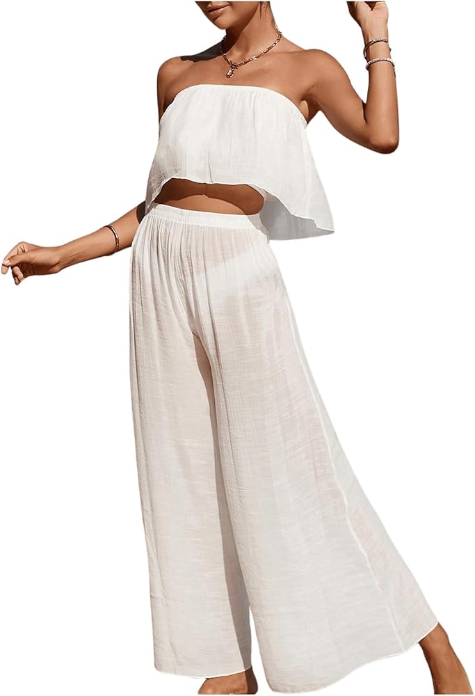 SHENHE Women's Swim Cover Up Set Crop Tube and Wide Leg Palazzo Pants Set 2 Piece Beach Outfits