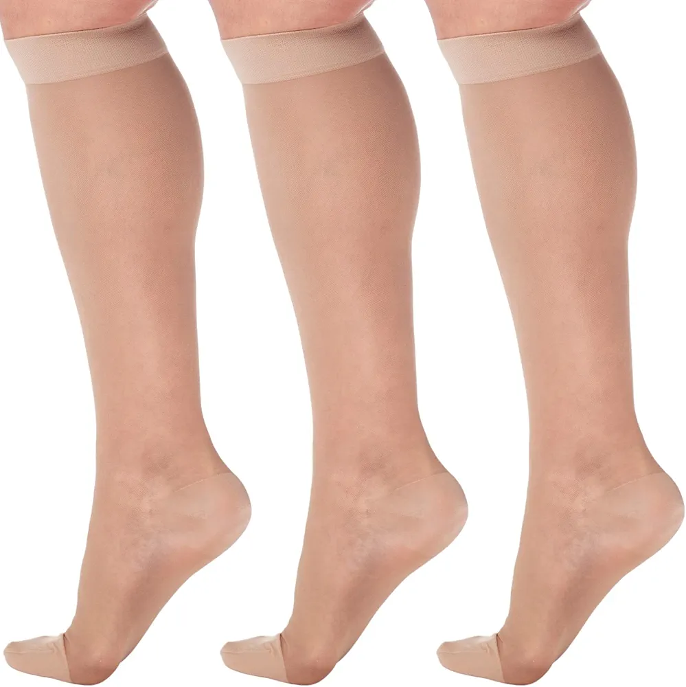 (3 Pairs) Made in USA - Compression Socks for Women 15-20mmHg - Sheer Compression Knee High Stockings for Post Surgery, Pregnancy, Arthritis, Edema - Beige, Large - A101BE3-3