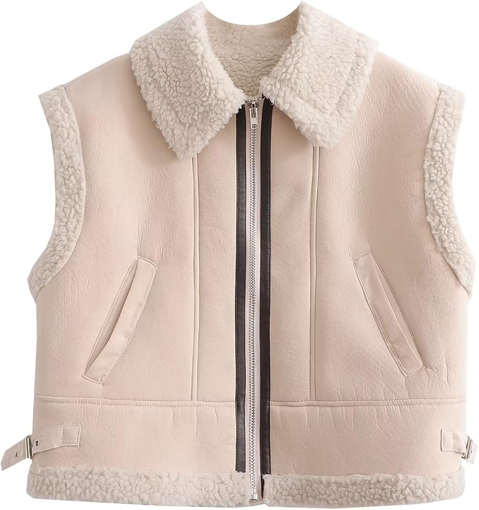 Women's Winter Warm Fleece Sherpa Cropped Vest Full Zip Sleeveless Faux Suede Jacket Waistcoat