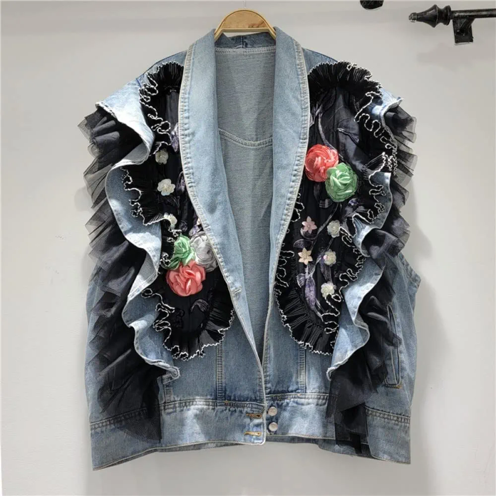 Ladies Denim Sleeveless Jacket - Solid Color Mesh Ruffle Splicing Large Size Lapel Denim Vest,Classi