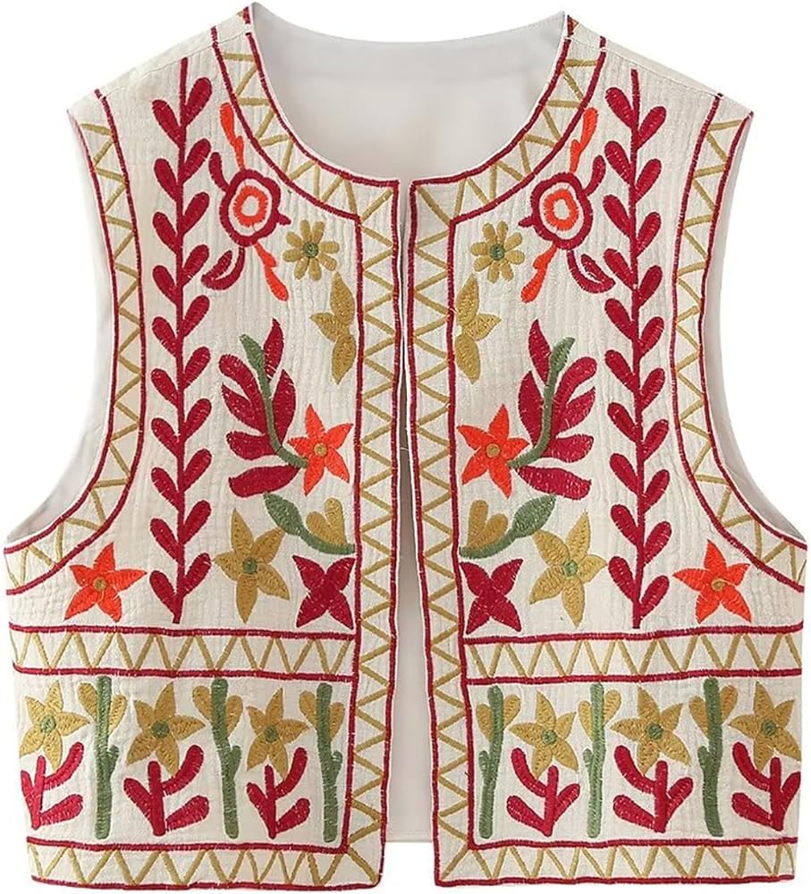 Women Ugly Embroidered Floral Vest Top Sleeveless Open Front Boho Cropped Cardigan Vintage Flower Waistcoat Jackets