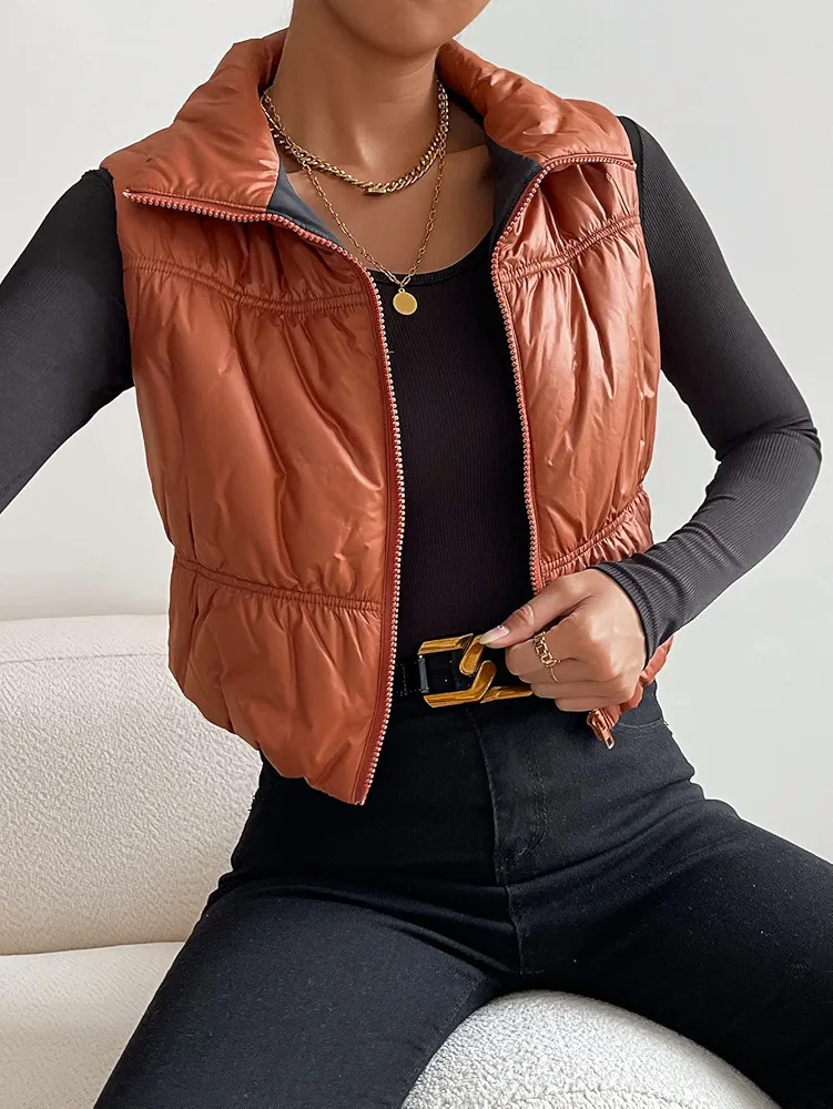 Women's Coat Jacket Warm Comfortable Zip Front Vest Puffer Coat Fashion Charming Unique Lovely (Color : Brown, Size : X-Small)