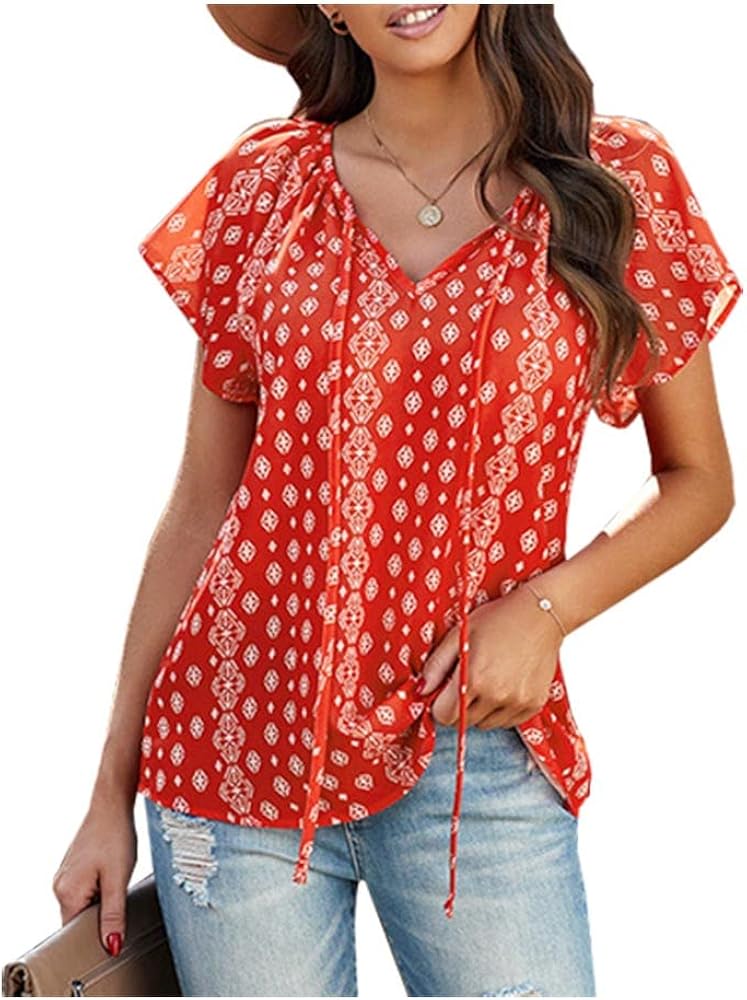 Kedera Women's Floral Print V Neck Ruffle Short Sleeve Summer Shirts Tops Casual Loose Boho Blouses