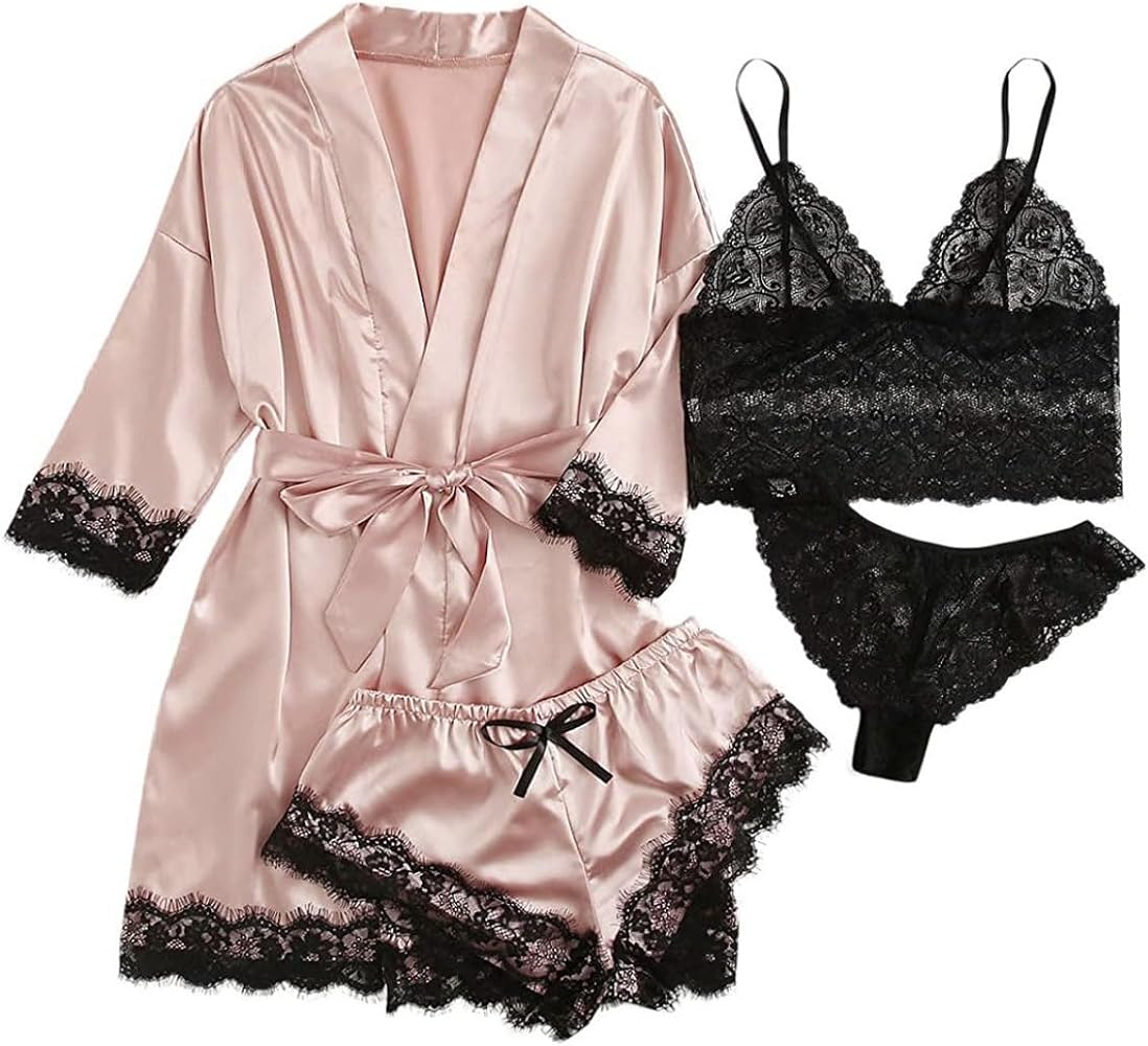 4Pcs Womens Lace Silk Pajamas Robes Set Pajamas Cami Shorts Satin Sleepwear Lace Loungewear Pjs