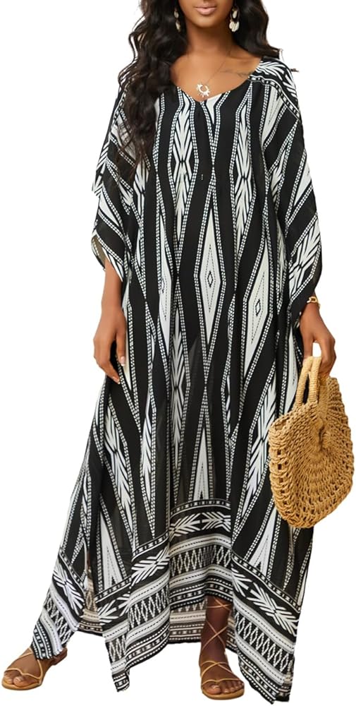 Bsubseach Kaftan Dresses for Women Long Beach Swimsuit Cover Up Plus Size Summer Caftan Loungewear Black White