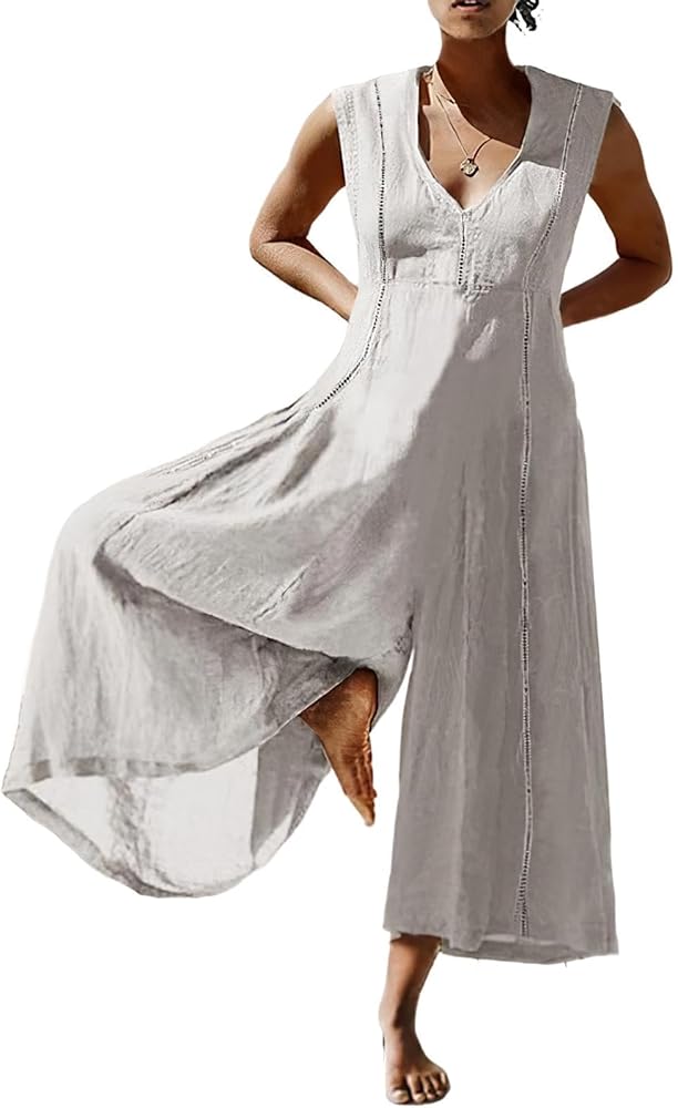 Womens Linen Wide Leg Jumpsuit White Loose V Neck Sleeveless Overall Casual Plus Size Long Pant Romper