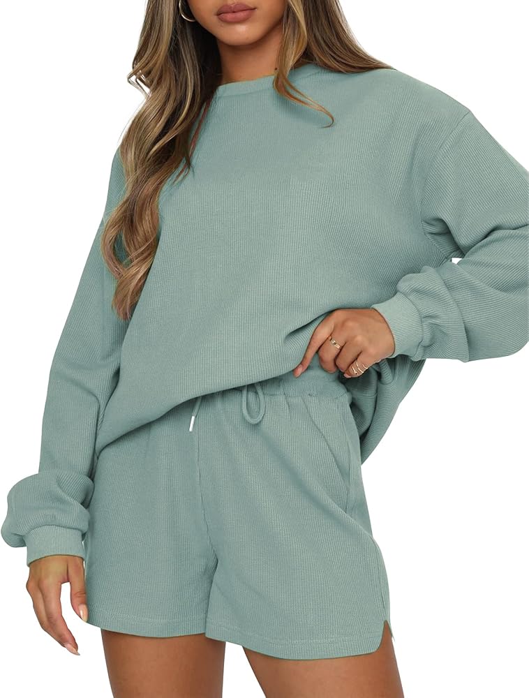 Women's Waffle Knit Pajama Set Long Sleeve Top and Shorts Lounge Sets Sleepwear Loungewear with Pocket