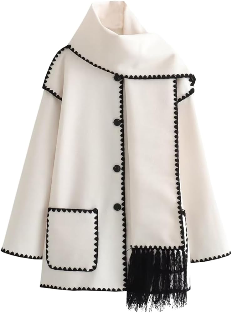 Women's Embroidered Scarf Jacket Oversized Button Down Wool Blend Coat Mid Long Outerwear with Tassel Scarf(Beige-M)