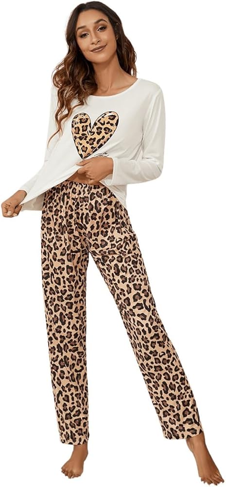 WDIRARA Women's Leopard Print 2 Piece Pajamas Set Long Sleeve Top and Pants Loungewear