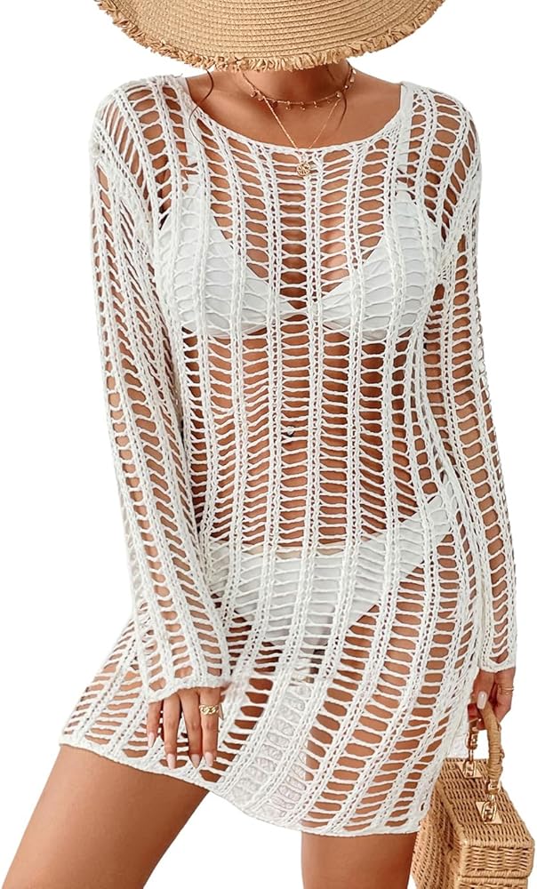 Eddoyee Crochet Cover Ups for Swimwear Women Long Sleeve Hollow Out Swimsuit Coverup Sexy Beach Bikini Dress