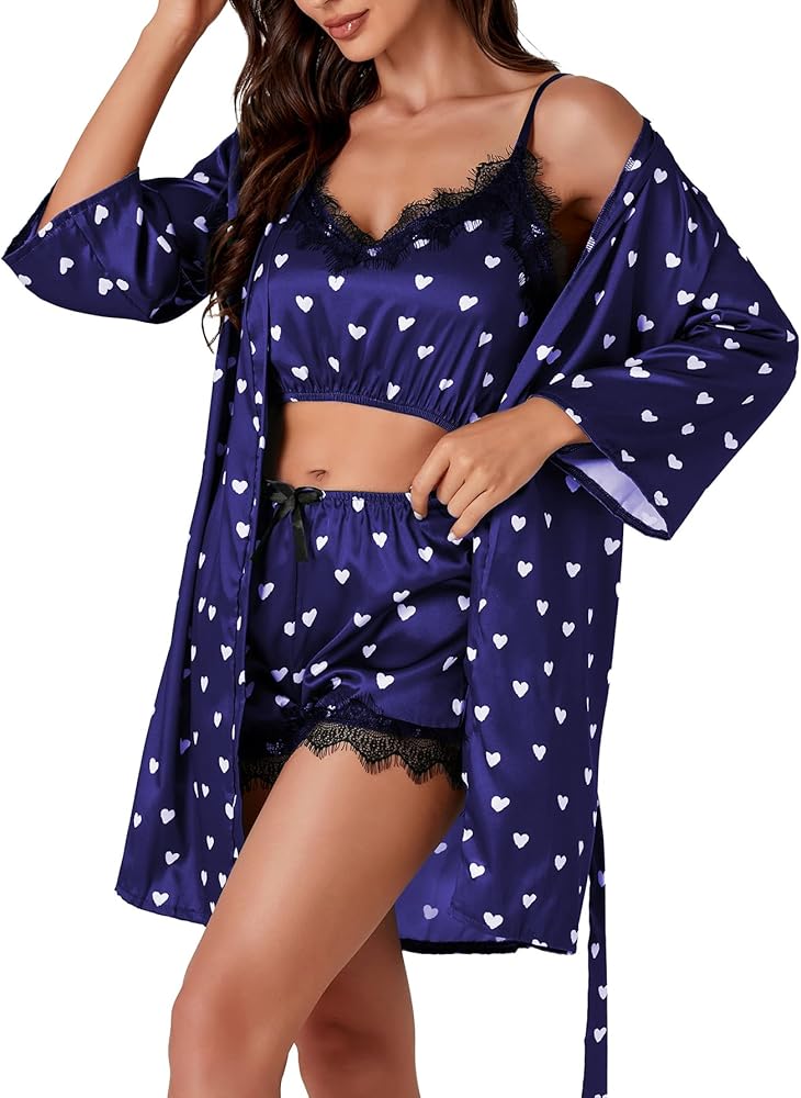 LYANER Women's Satin Polka Dots Pajama Set 3pcs Lace Cami Lingerie Sleepwear with Robe Royal Blue Large