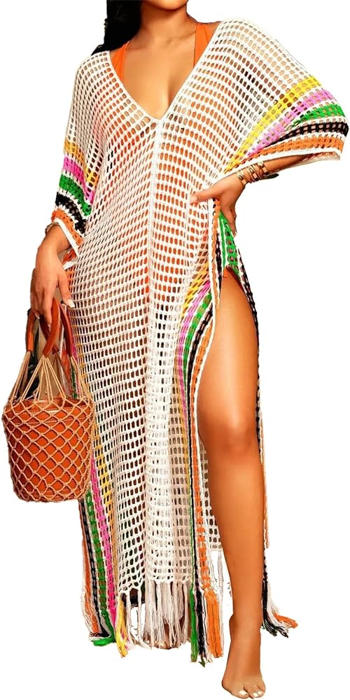 Beach Cover Ups for Women Color Block V Neck Hollow Out Crochet Dresses Side Slit Bathing Suit