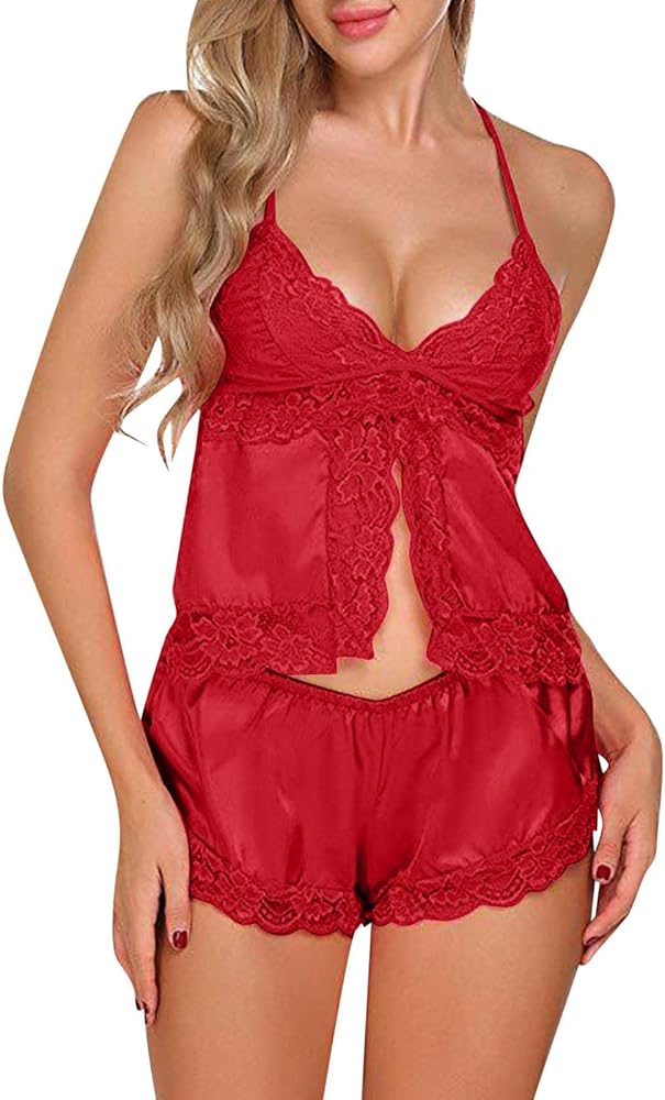 2 Piece Women's Summer Satin Cami Crop Top and Shorts Sleeveless Sleepwear Pajamas Lounge Set Two V Neck Lingerie Pjs Tank