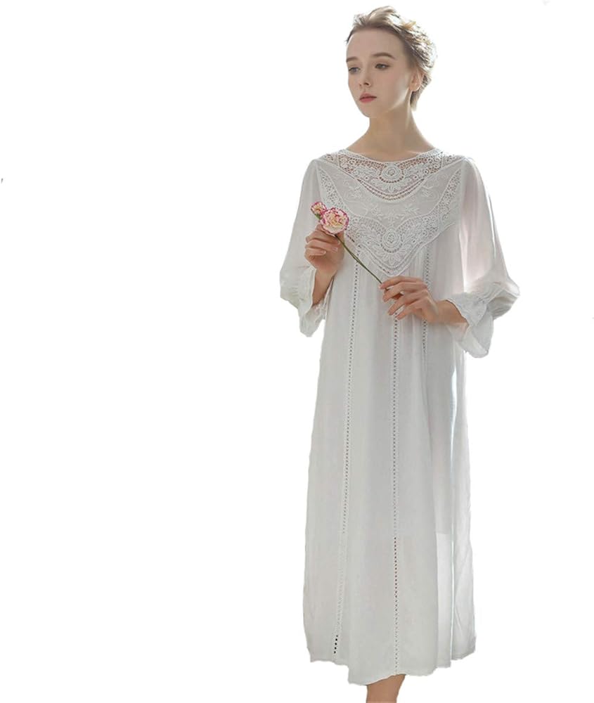 L&H Women's Vintage Victorian Sleepwear Long Sleeve Sheer Nightgown Pajamas Nightwear Lounge Dress