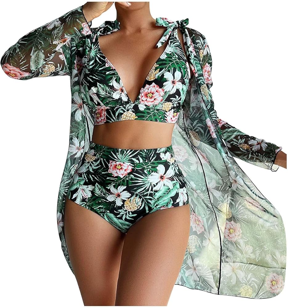 Women's 3 Piece Swimsuits Tropical Floral Print Lace up High Waisted Bikini Set with Beach Cover Ups Kimono Cardigans