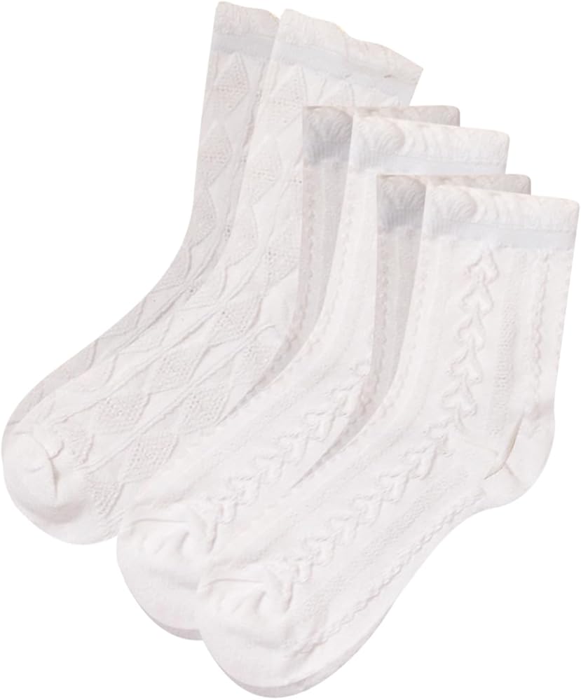 OYOANGLE Women's 3 Pairs Cable Knit Casual Crew Socks Stretchy Solid Simple Socks White Pink One Size