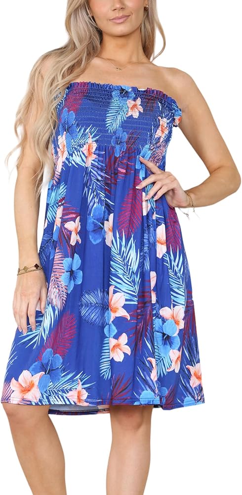 Loxdonz Summer Dresses for Women Strapless Boho Floral Print Sundress Tube Top Dress Beach Cover Ups