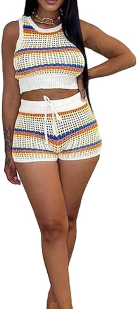 Women's Sexy Knitted Two Piece Outfits Print Hollow Contrast Color Sleeveless Vest Top Short Pants Casual Set