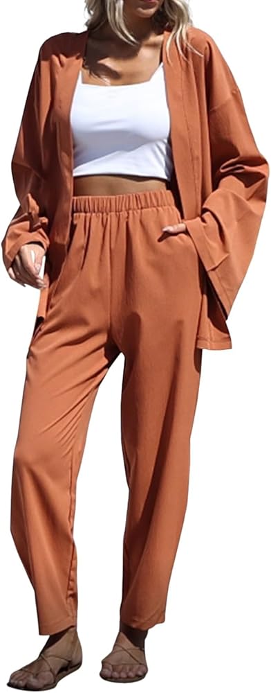 SNKSDGM Womens Summer 2 Piece Outfits V Neck Short Sleeve Shirt Drawstring Long Pant Linen Set Trendy Sweatsuits