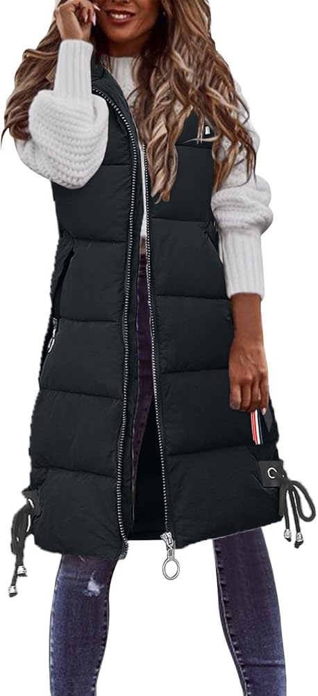 Women's Puffer Vest Zip Up Hooded Long Sleeveless Padded Vest Fall-Winter Fashion Cute Warm Athletic Ski Jacket