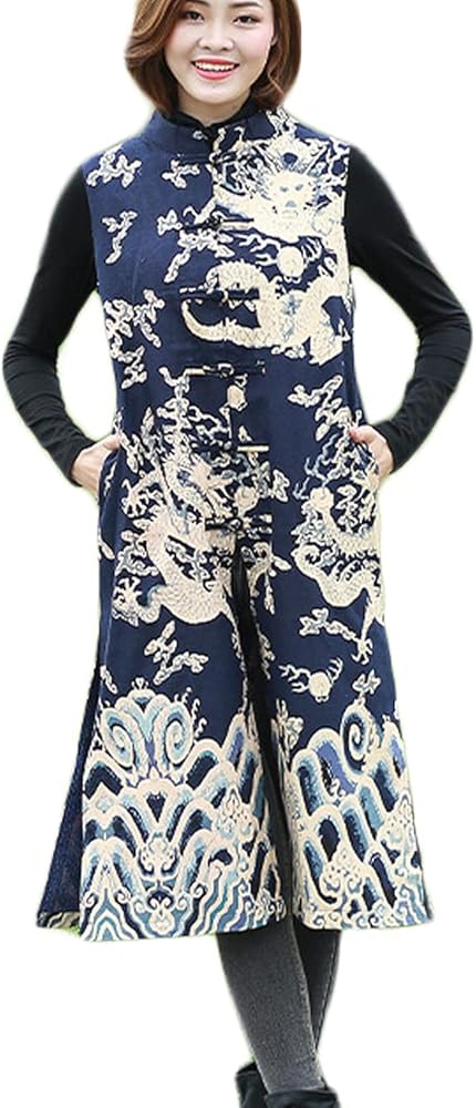 Women's Sleeveless Jackets Midi Long Vest Waistcoat Slim Fit Ethnic Chinese Dragon Pattern Outwear