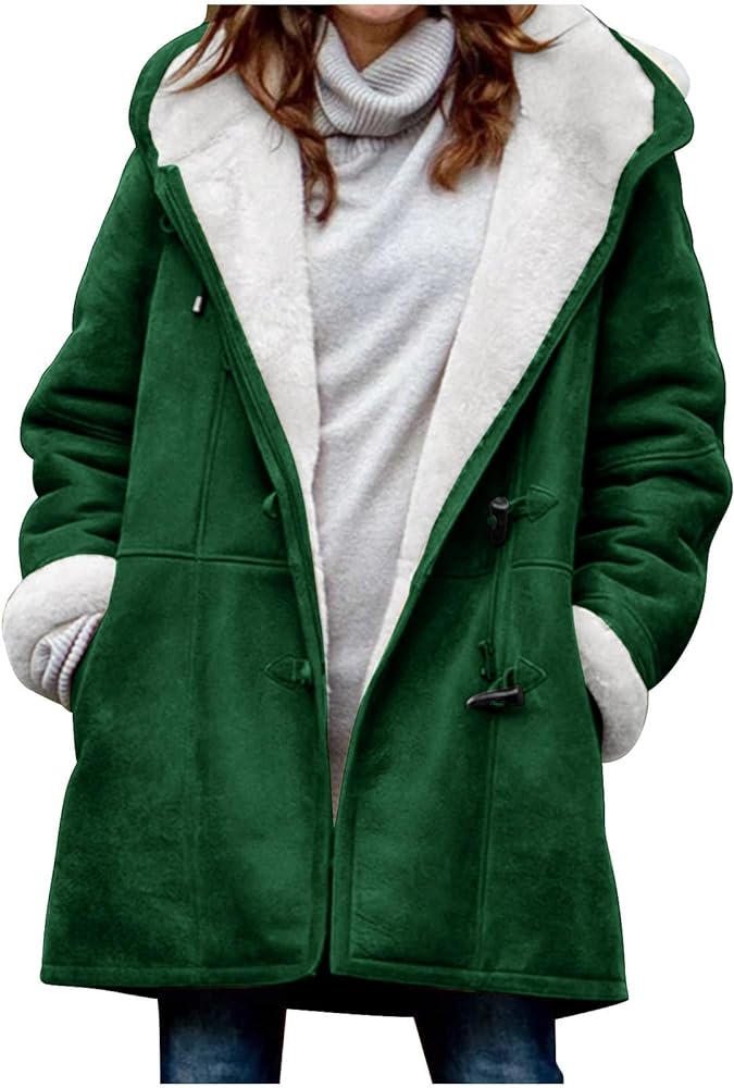 Lastesso Women Wool Liner Sherpa Pea Coats Casual Sized Long Sleeve Fuzzy Outerwear Soft Horn Button Fleece Thicken Coat