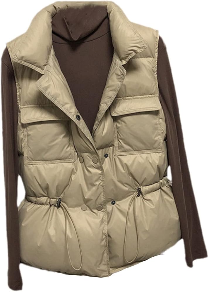 Women's Jacket Vest White Duck Down Warm Coat Pocket Drawstring Stand-Up Collar Outwear Slim Winter Fashion Tops