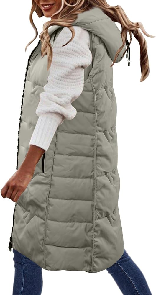 Long Puffer Vests Coats for Women Winter Hooded Plus Size Quilted Jacket Sleeveless Zipper Loose Fit Padded Down Coat