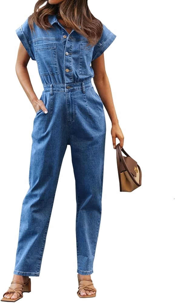 Tongmingyun Women's Cap Sleeve Denim Jumpsuit Button Down Straight Leg Jeans Long Pants Rompers with Pockets