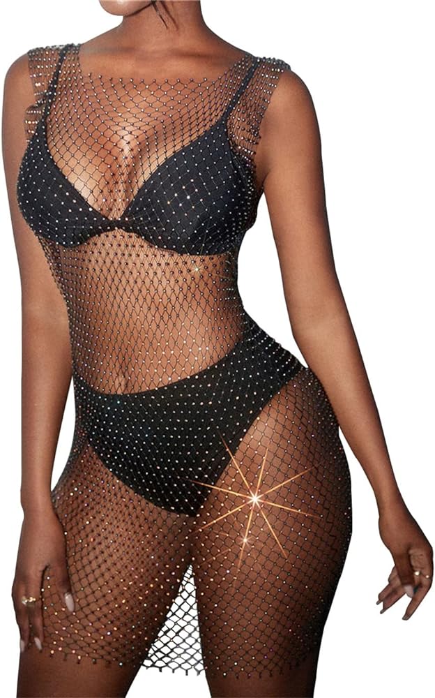 Women’s Mesh Swimsuit Cover Ups Sheer Rhinestone Mini Skirts Beach Wrap Sexy Fishnet Hollow Out Dress Body Chains