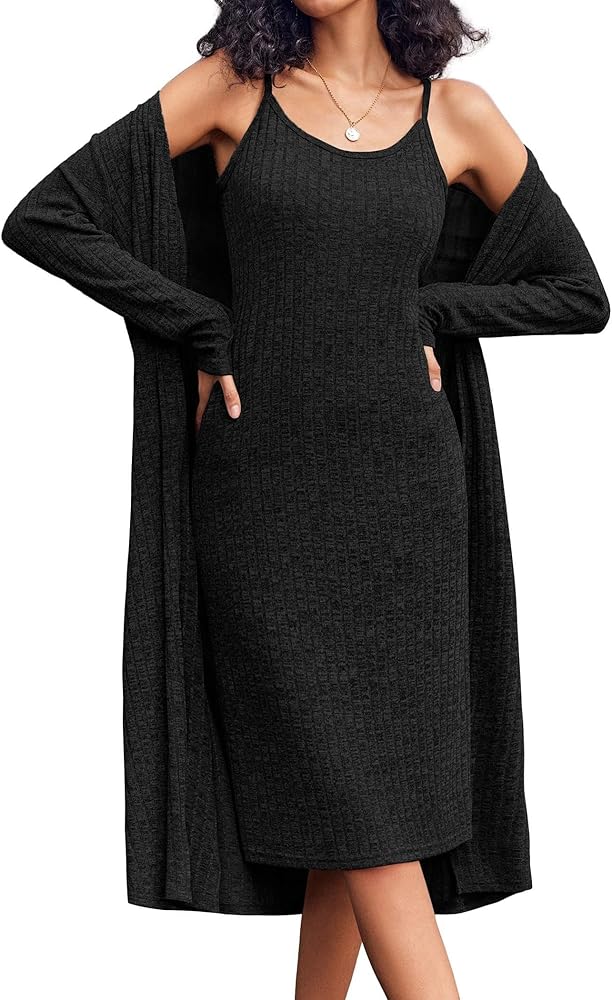 Ekouaer Womens Knit Robe Set 2 Piece Nightgown with Robes Long Sleeves Lounge Sets with Pockets S 3XL