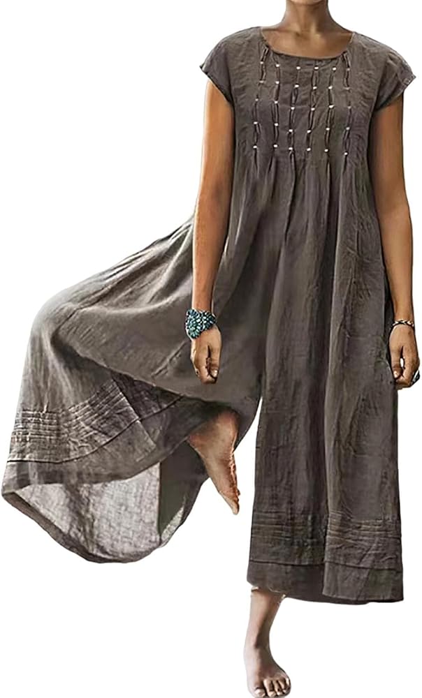 Womens Linen Wide Leg Jumpsuit Brown Loose Crewneck Short Sleeve Overall Casual Plus Size Long Pant Romper