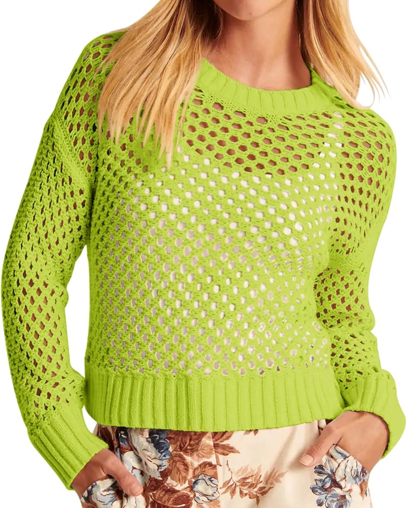 Women's Crochet Mesh Sweaters Hollow Out Long Sleeve Knit Top Bikini Beach Cover Ups