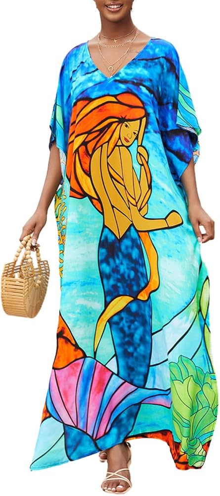 Bsubseach Loose Beach Cover Up Short Sleeve Mrs Roper Caftan Casual Kaftan Dress for Women Swimsuit Coverup Blue