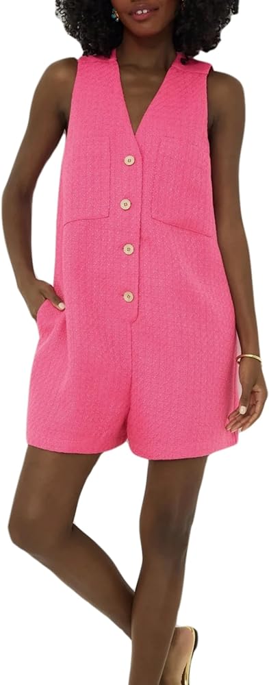 LifeShe Women's Sleeveless Tweed Jackie Rompers Summer V Neck Button Down Short Jumpsuits Loose Overall