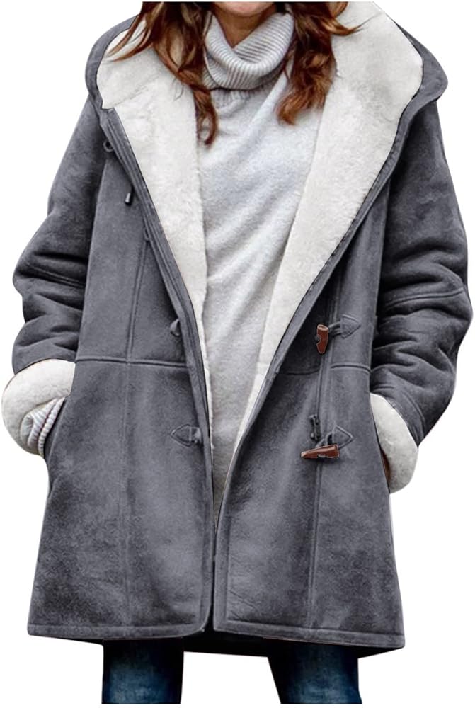 Plus Size Winter Coats For Women, Casual Fashion Loose Solid Color Hat Fleece Collar Pocket Jacket Womens Wool Coats Vests Outerwear Full Zip Jacket Women Shirts Jean Jacket (XXL, Gray)