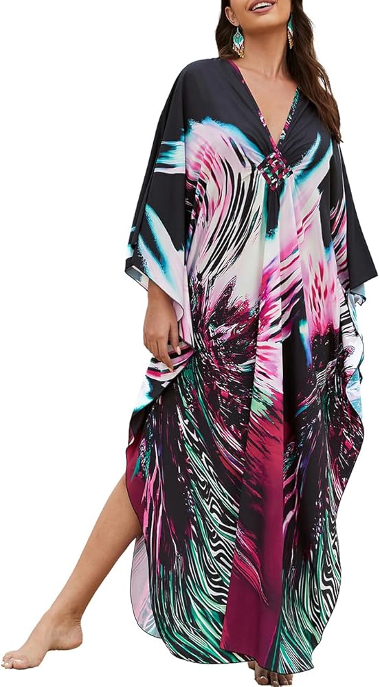 Bsubseach Kaftans for Women Plus Size Caftan Dress Long Bathing Suit Cover Ups Side Split Casual Fall Dress Fireworks