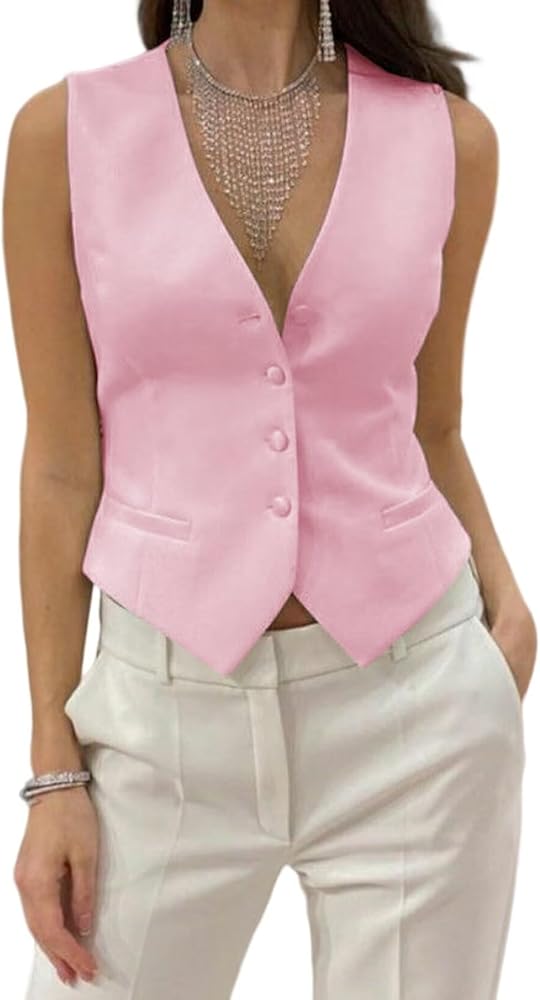 Womens Casual Suit Vest Fully Lined 4 Button V-Neck Dress Vests Waistcoat